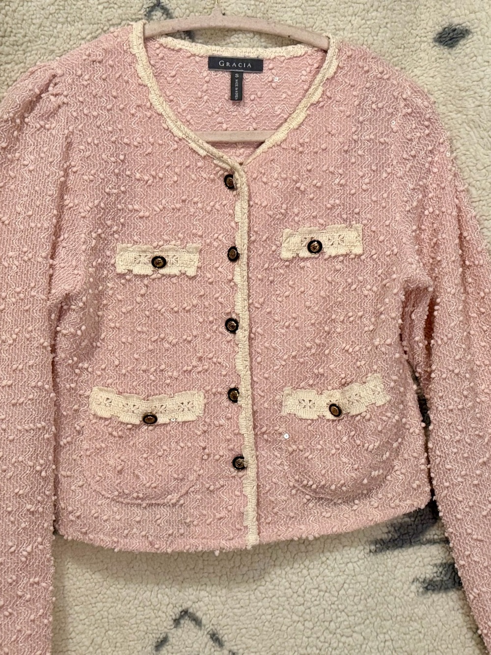 Gracia Pink Bouclé Trimmed Button Jacket Small